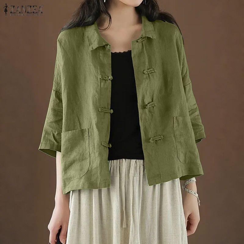 ZANZEA Women Summer Turn Down Collar Loose Half Sleeve Cotton Blouse