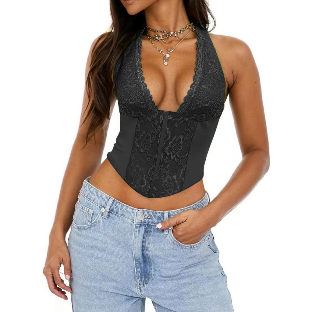 Women's Deep V-neck Lace-up Vest Hollow Lace Fashionable Versatile Slim Fit Top