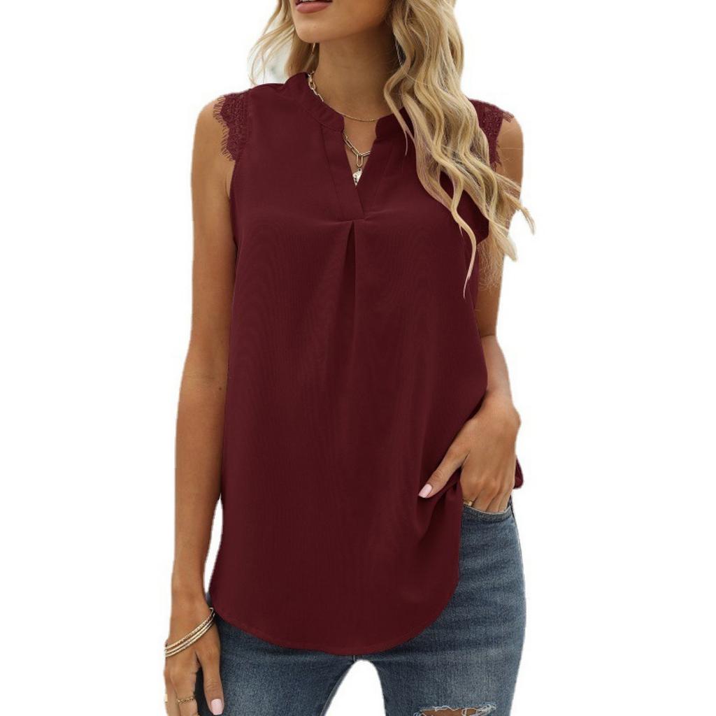 Spring Summer Women's Solid Color Shirt Loose V-neck Sleeveless Lace Trim Blouse, European American Style Casual Top