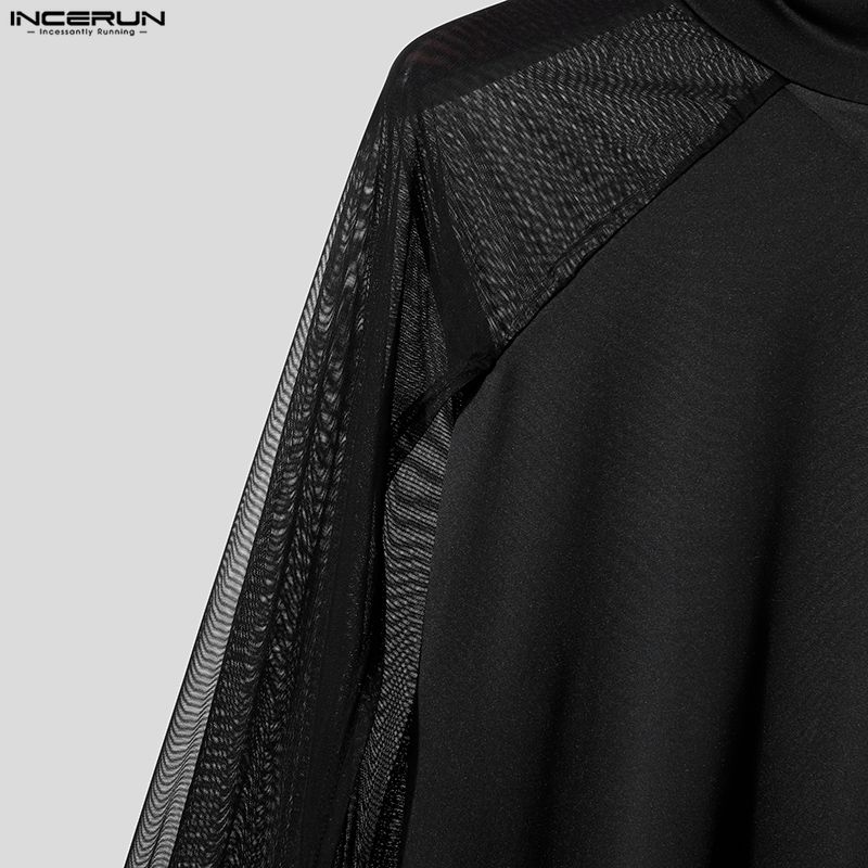 INCERUN Men Turtleneck Long Flare Sleeve Mesh Sheer Transparent Fitted Tops Party Clubwear T-shirts