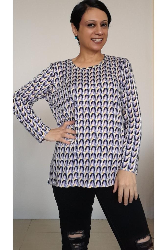 Women's Style Big Size T-Shirt Lilac Patterned Round Neck Long Sleeve Combed Cotton Viscose T-Shirt