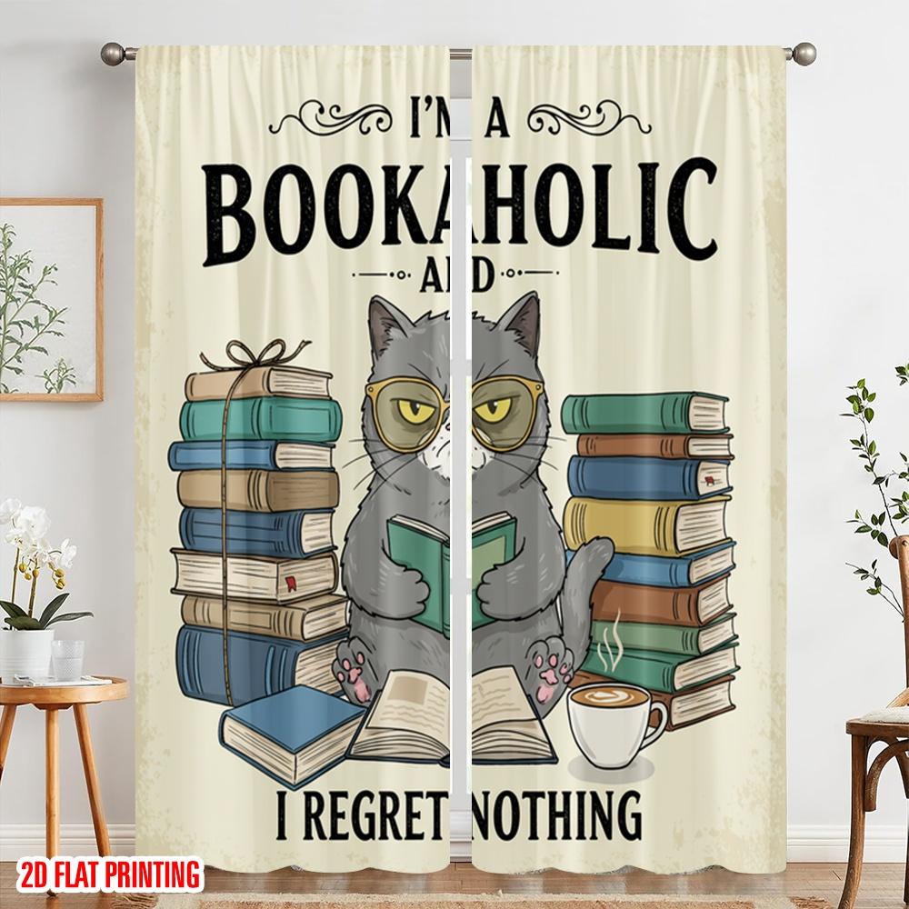 2pcs 2D Flat Printing Window Curtains Bookaholic Cat Reads Books Fabric Without Electricity Festive Wall Decor for Classroom