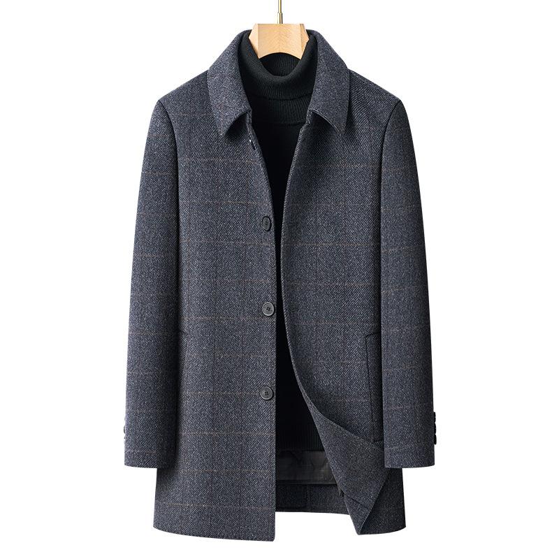 Men's double-sided cashmere coat winter lapel down middle-aged dad medium-length wool coat gray
