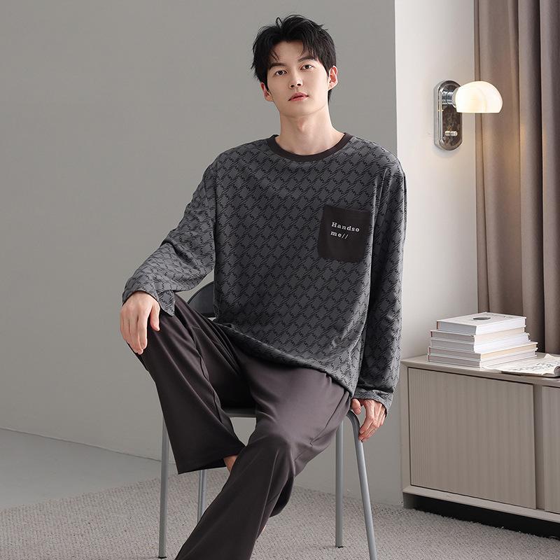 Spring And Autumn Pajamas Men'S Pure Cotton Long-Sleeved Pullover Can Be Worn Outside Autumn And Winter Men'S Casual Loose Plus Size Loungewear