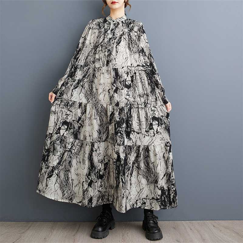 

2025 Круглый вырез Длинный рукав Свободная юбка Женское платье для мам среднего возраста большого размера 1XL чёрный