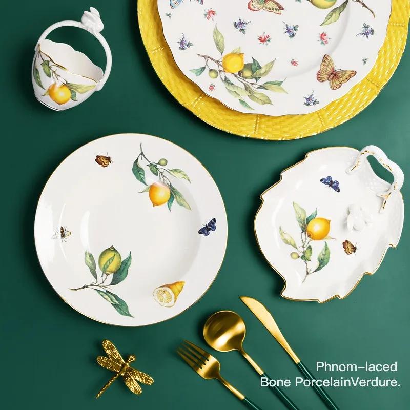 Europäischer Stil Keramik Speiseteller Elegant Zitronenmuster Abendessen Steakteller Kaffeetassenset Westliche Küche Dessertteller