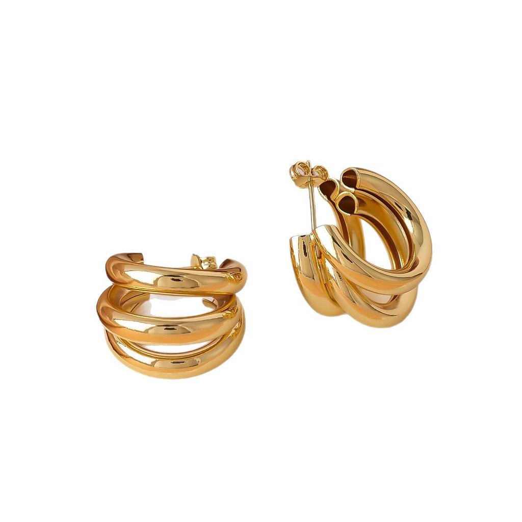 Trendy C-Shaped 925 Sterling Silver Triple Hoop Stud Earrings for Women