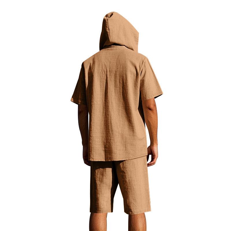Men's Casual Linen Breathable Hooded Henley Shirt and Shorts Set