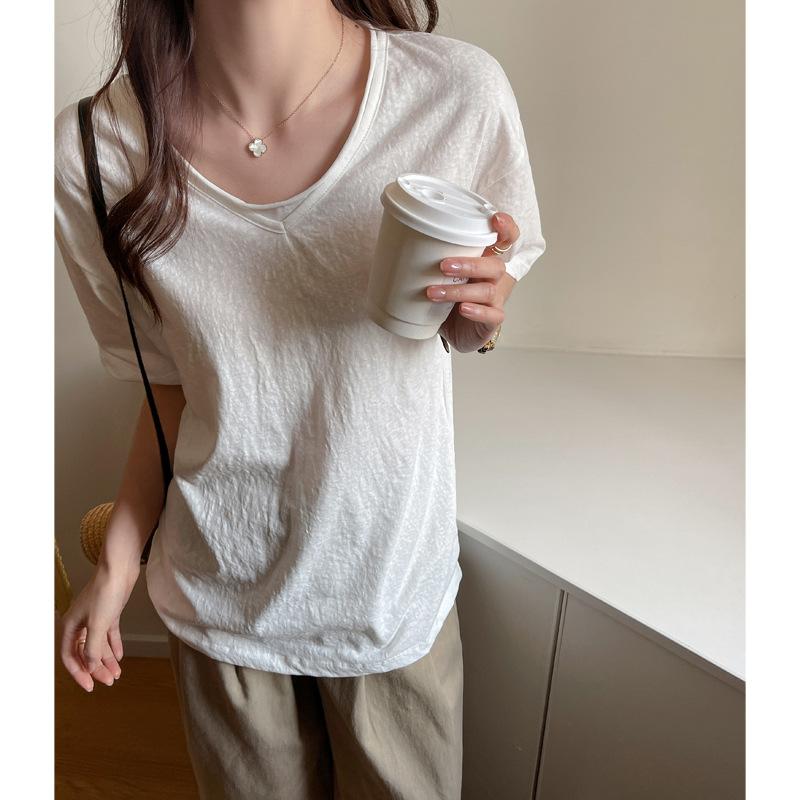 Women Lazy Casual Loose V Neck Drop Shoulder Short Sleeve Summer T Shirt