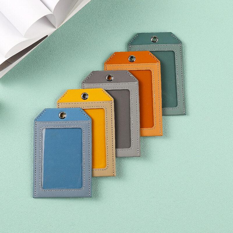 2 Card Slot Employee Work ID Card Set Hanging Rope PU Leather Bus Meal Card Chest Badge