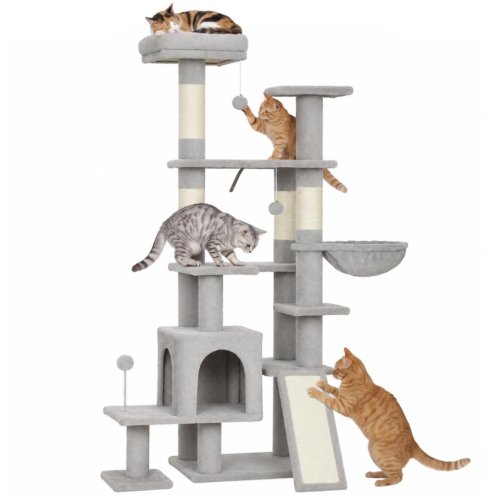 Cat Tree, 5-Level, 152 cm, Cat House, Hammock, Platform, Scratching Posts, Hanging Balls, Light Grey