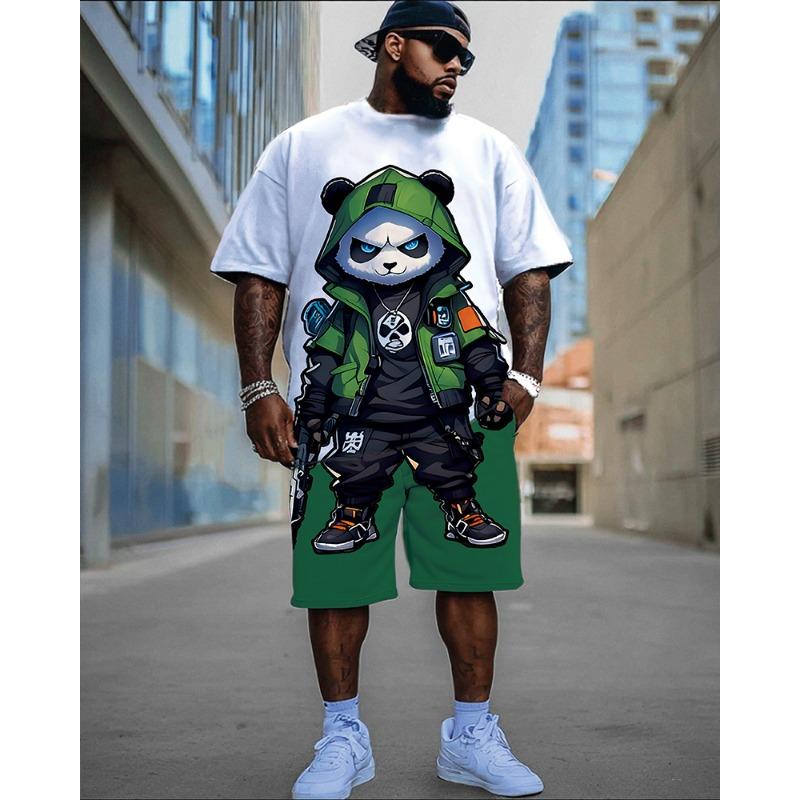 

Men s Panda Cartoon Short-sleeved T-shirt + Shorts Two-piece Set S
