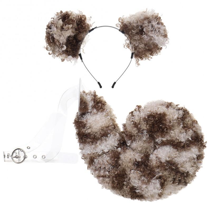 Halloween Curly Dog Costume Set Plush Faux Fur Ears Tail Headband Cosplay Props Party