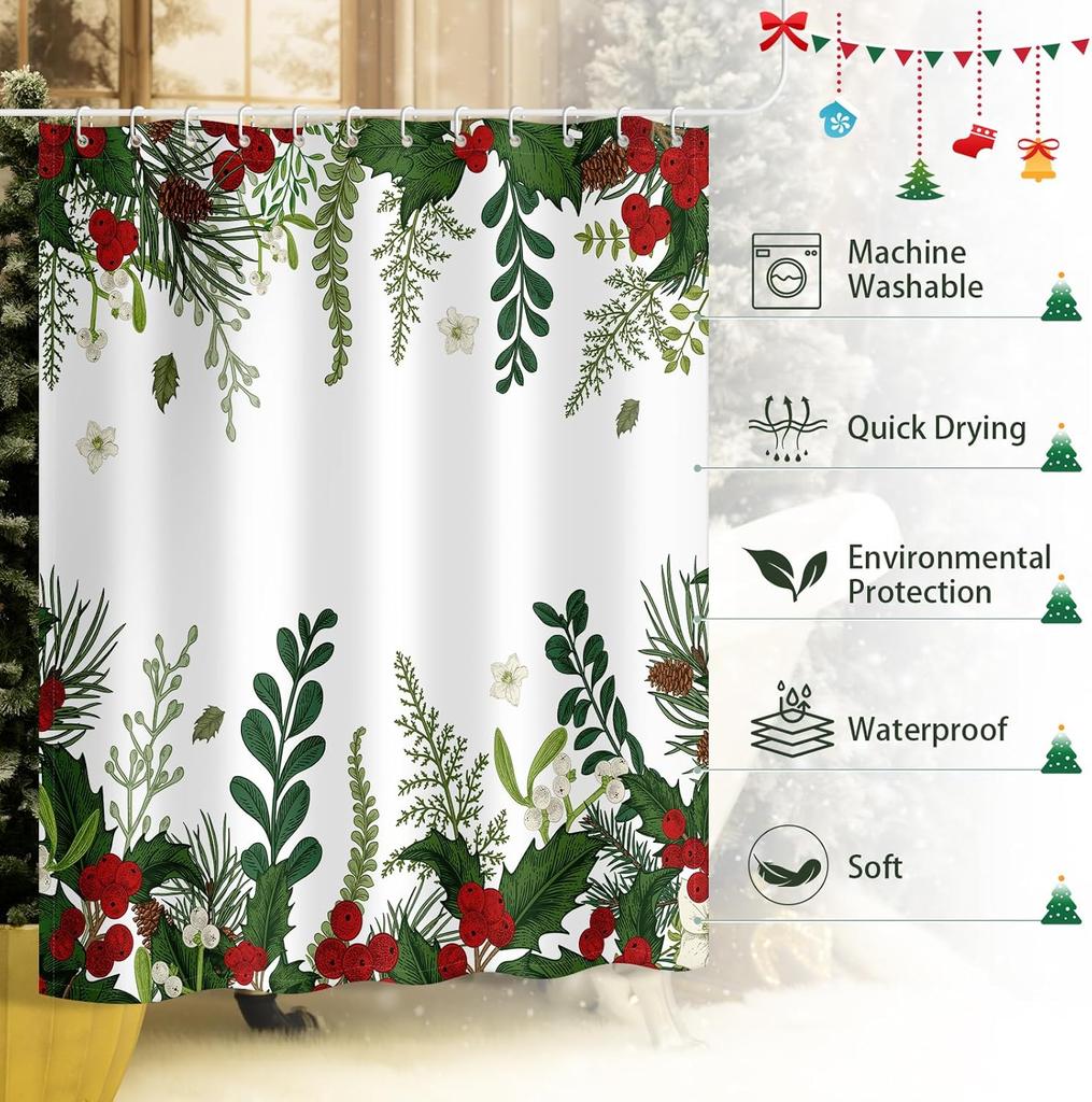 Christmas Shower Curtain, Holly Xmas New Year Holiday Winter Decor Bathroom Curtain Set Waterproof Polyester Fabric With Hooks
