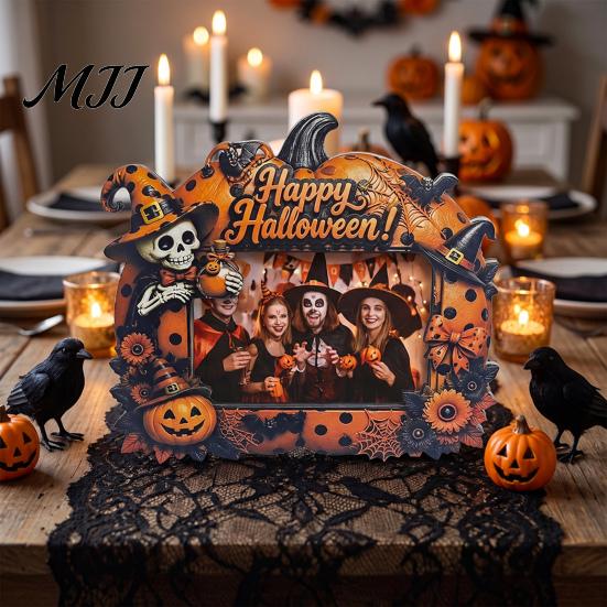 Halloween Photo Frame Frame, Wooden Desktop Picture Holder for Spooky Party Decoration Supplies And Festive Home Decor, Vintage Tabletop Ornament