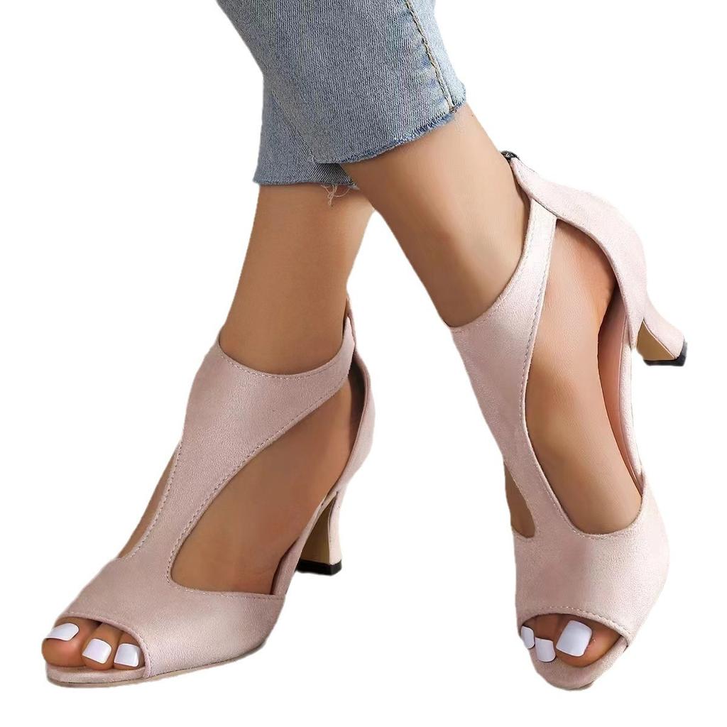 Fashion Simple and Stylish Back Zipper Bag with Fish Mouth Shoes for Women In Summer Plus Size Slim Heeled Sandals