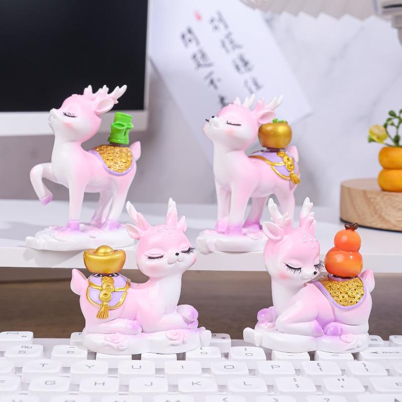 Deer and Wanxi's "All the Way Blooming" Deer Figurine, Exquisite Resin Figurine, Desktop Decoration, Workstation Car Figurine