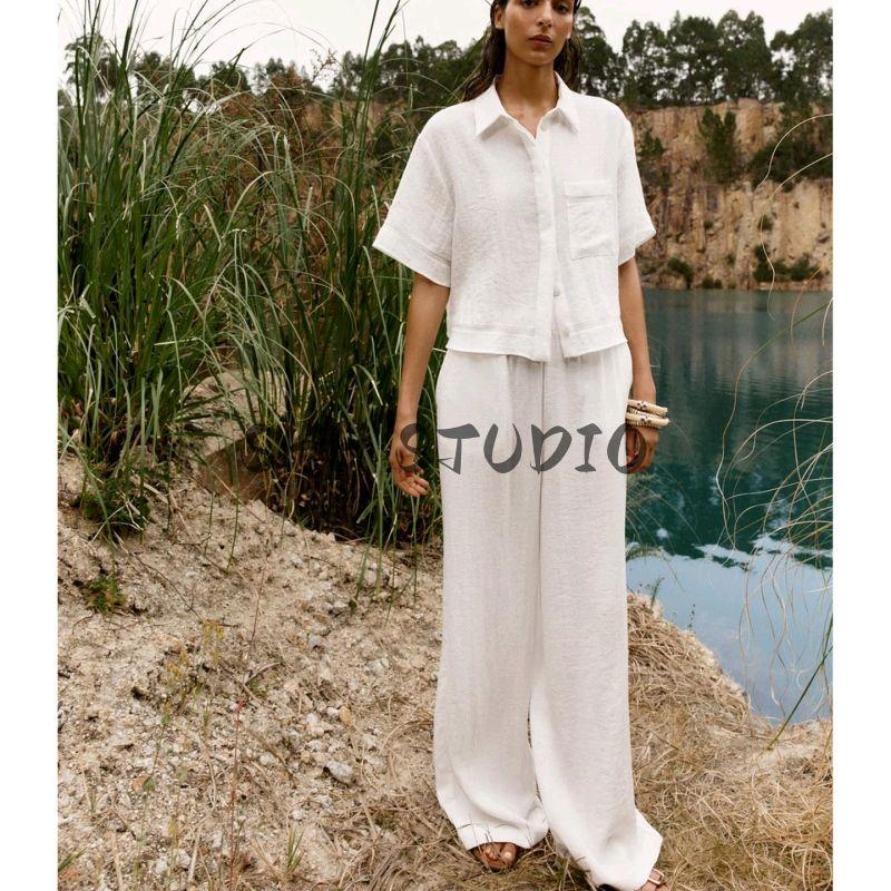 Minimalist Short Sleeve Lapel Short Shirt 8017741 High Waist Distressed Style Wide Leg Casual Trousers 8330741