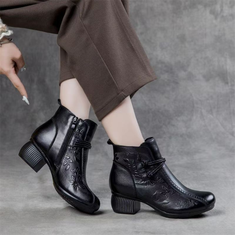 Retro Ethnic Style Short Boots Women's Autumn and Winter Single Boots Soft Leather Soft Sole Mother Cotton Shoes Velvet Leather Shoes Thick Heel 