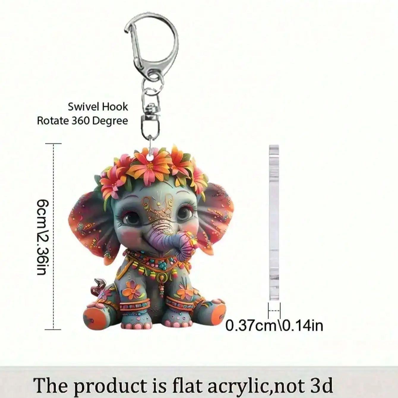 

Cute acrylic elephant keychain with floral headpiece - double-sided 2D design for keys, backpacks, and holiday decorations