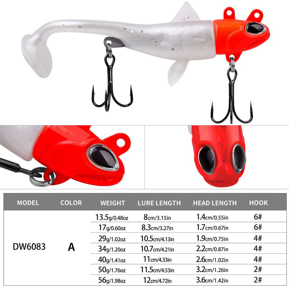 Miękka przynęta w kształcie ryby z ogonem T, z główką ołowianą i kotwiczką, do wędkowania w wodach słodkich/słonych