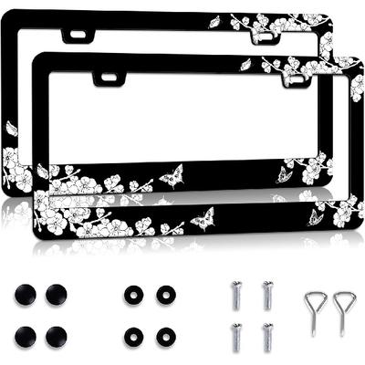 Black White Cherry Blossom License Plate Frames 2 Pack Hibiscus Flower License Plate Holder For Women Men Car Decor Accessories Stainless Steel Plate