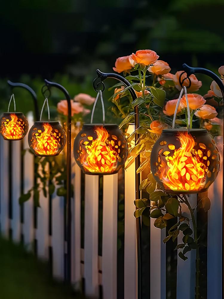Outdoor solar lights, solar flame hanging lights, garden decorative lighting, openwork pattern design