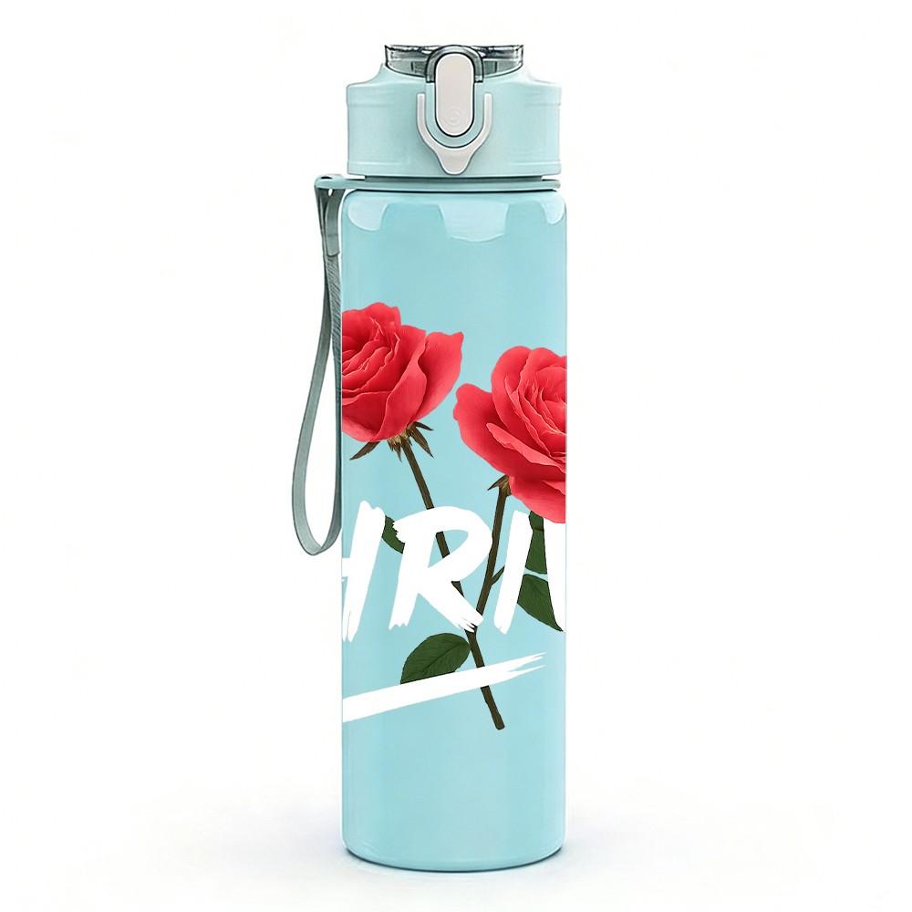 1PC Two Red Rose Flowers 750ml Color Plastic Sports Water Bottle Leakproof Flip Straw Lid Suitable for Sports Office Home Use
