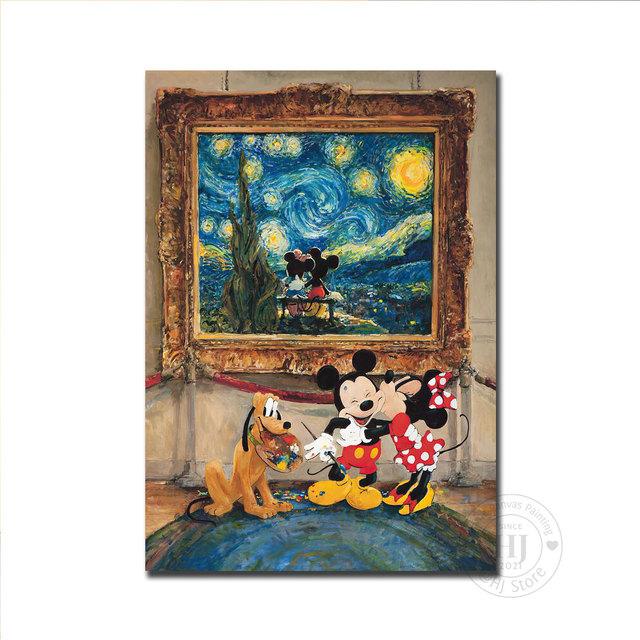Disney Myszka Miki i Myszka Minnie Całują się pod Gwieździstą Nocą Dekoracja Ścienna Plakaty i Grafiki Obraz Olejny na Płótnie do Salonu Prezenty Bez Ramki