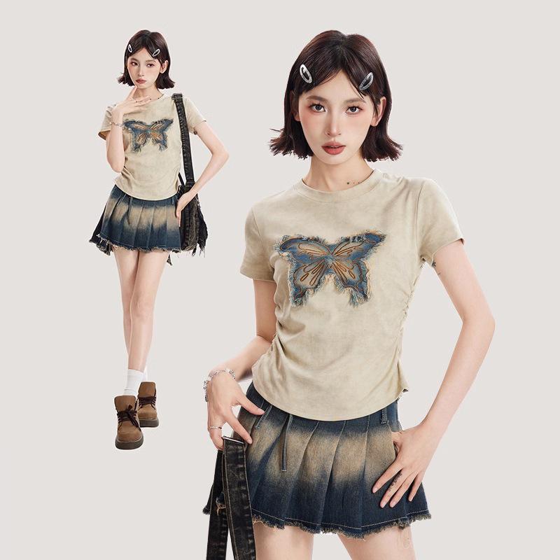 

Women s Tie-Dye Butterfly Straight Shoulder Ruched Crop Top Extra Large хакі