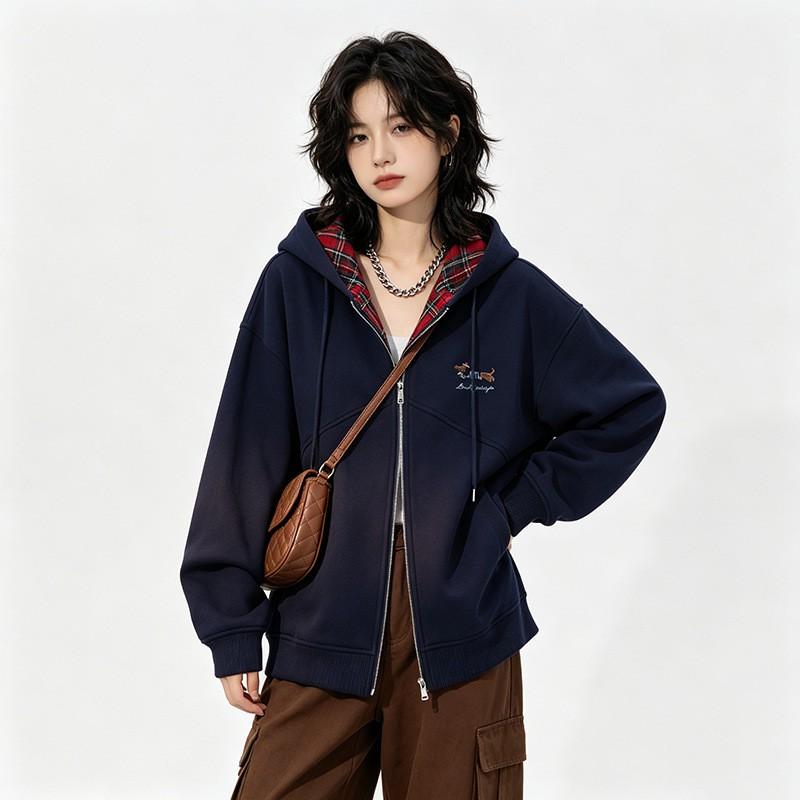 Womens Embroidered Dog Plaid Hooded Sweatshirt Oversized Loose Fit 2026 Casual Open Front Cardigan