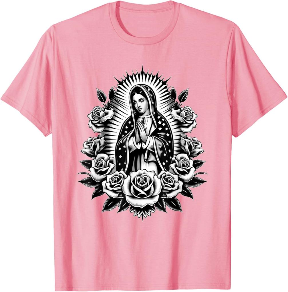 Virgin Mary Guadalupe Roses Graphic T-Shirt Religious Catholic Virginita Floral Print Tee Men Casual