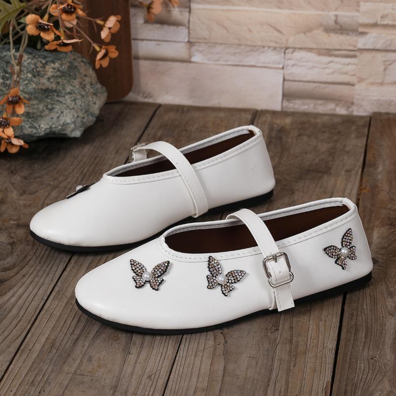 Flat Shoes Autumn New Round Toe Shallow Mouth Rhinestone Butterfly One Word Buckle Soft Sole Non-slip Single Shoes
