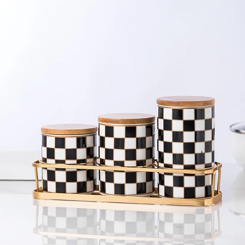Kitchen Organizer and Storage Container, Ceramic Storage Jar, Wooden Lid, Sealed Jar, Food Storage Containers, Metal Rack
