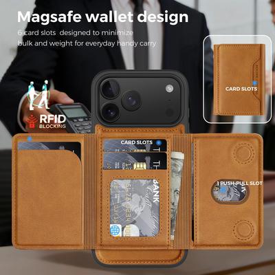 Apple 17 Pro Max Magnetic Card Holder Stand Leather Case - Drop-Proof Protective iPhone 16 Cover with Card Slot