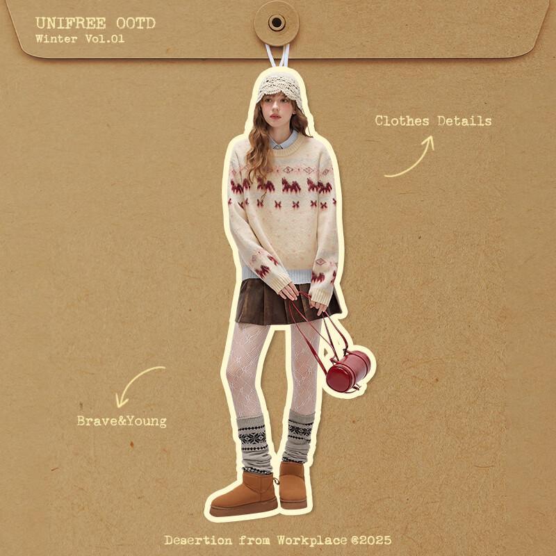 UNIFREE Fair Isle Retro Jacquard Crew Neck Sweater