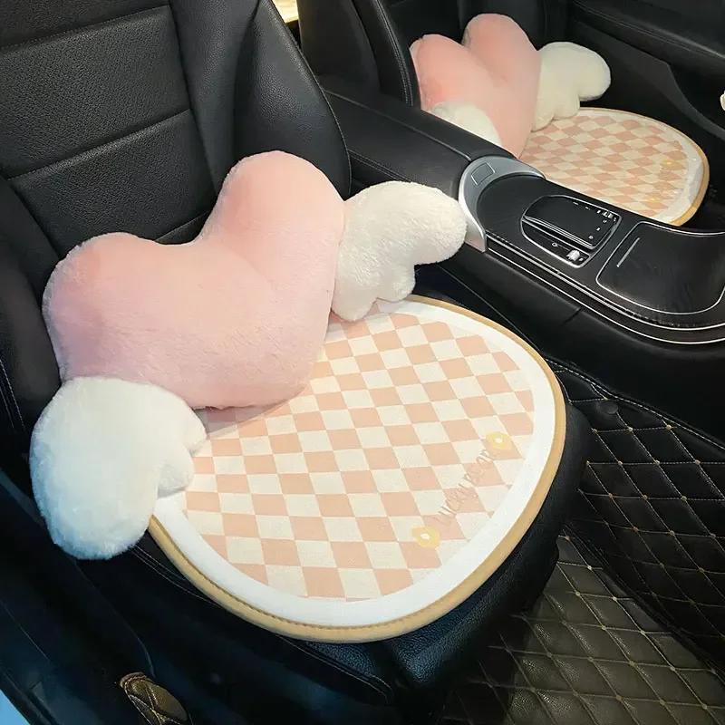 Love Wings Heart-Shaped Plush Car Headrest Neck Pillow Soft Cute Kawaii Car Seat Accessory - Unique Auto Interior Cushion