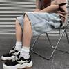 Men Denim Shorts Elastic Drawstring Waist Wide Leg Pockets Shorts with Straight Solid Color Casual Shorts Streetwear