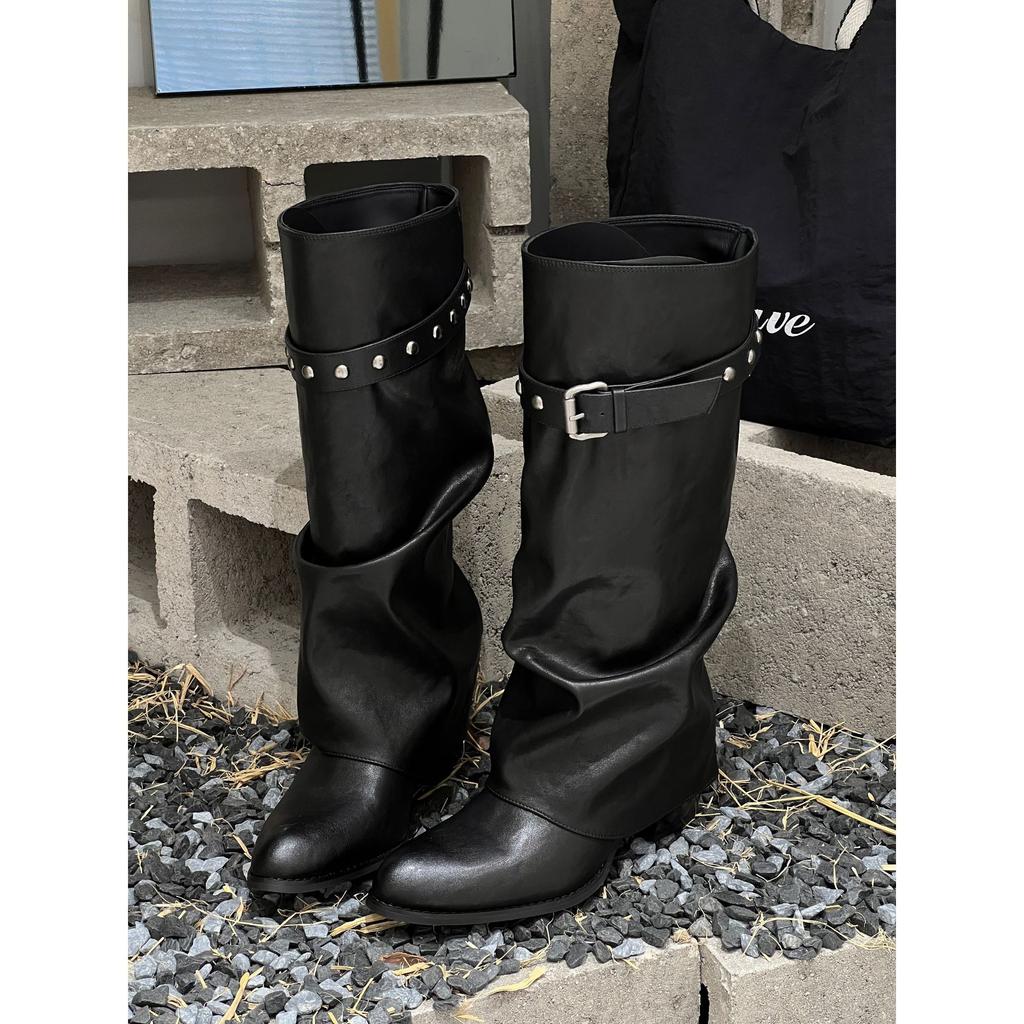 Pants boots women's autumn new pointed belt buckle medium tube knight boots niche retro but knee boots
