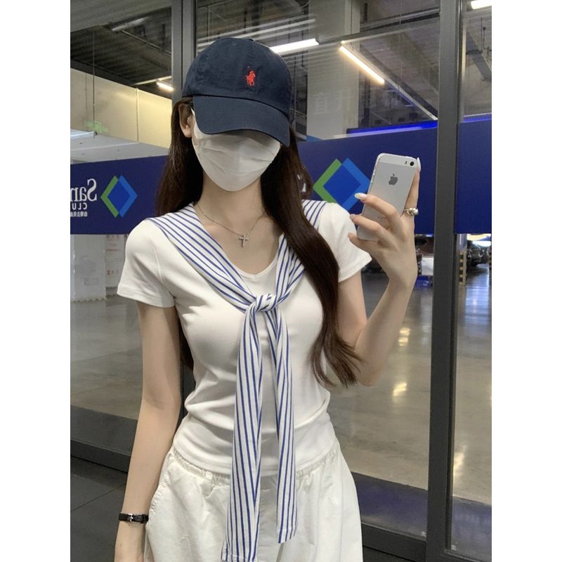 Kumikumi Design Sense White Stripe Lace-up Temperament Short sleeve T-shirt Women Summer Slim fit Slimming Versatile Top