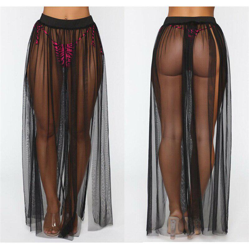 Women Swimwear Bikini Cover Ups Mesh Sheer See Through Beachwear High Waist Long Maxi Skirt