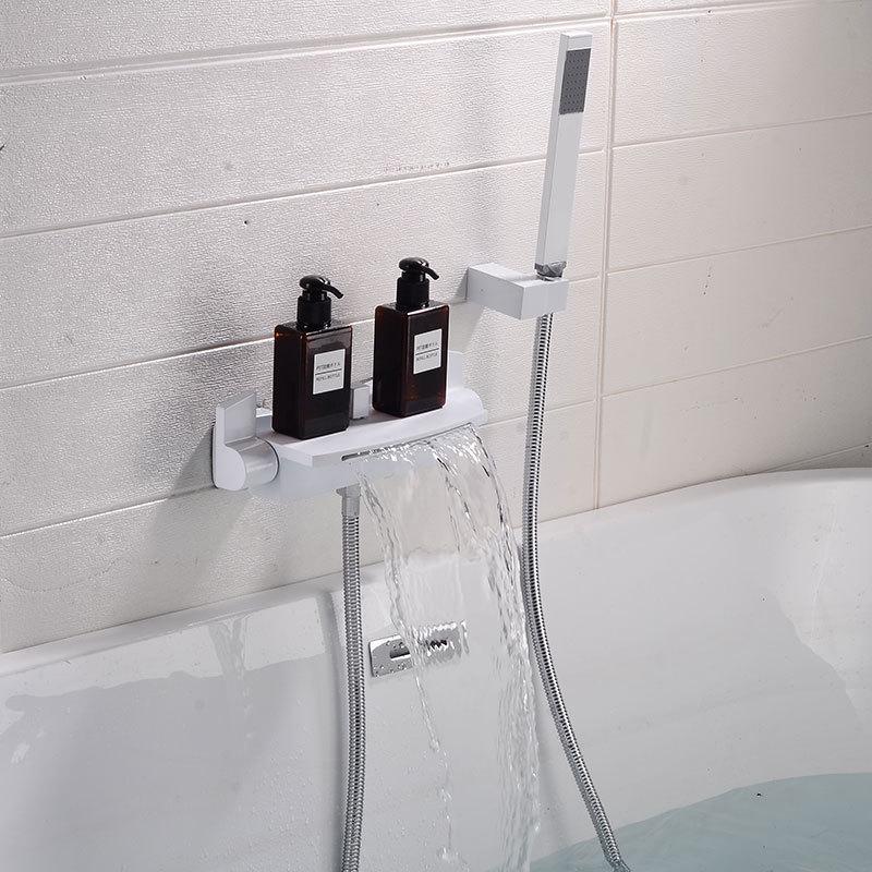 Brass Waterfall Bathtub Faucet Set with Black Exposed Edge and Hot/Cold Shower Head