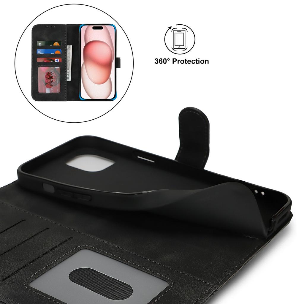 For iPhone 15 Plus/14 Plus Wallet Case Double Folded Edge Skin Touch PU Leather Flip Phone Cover