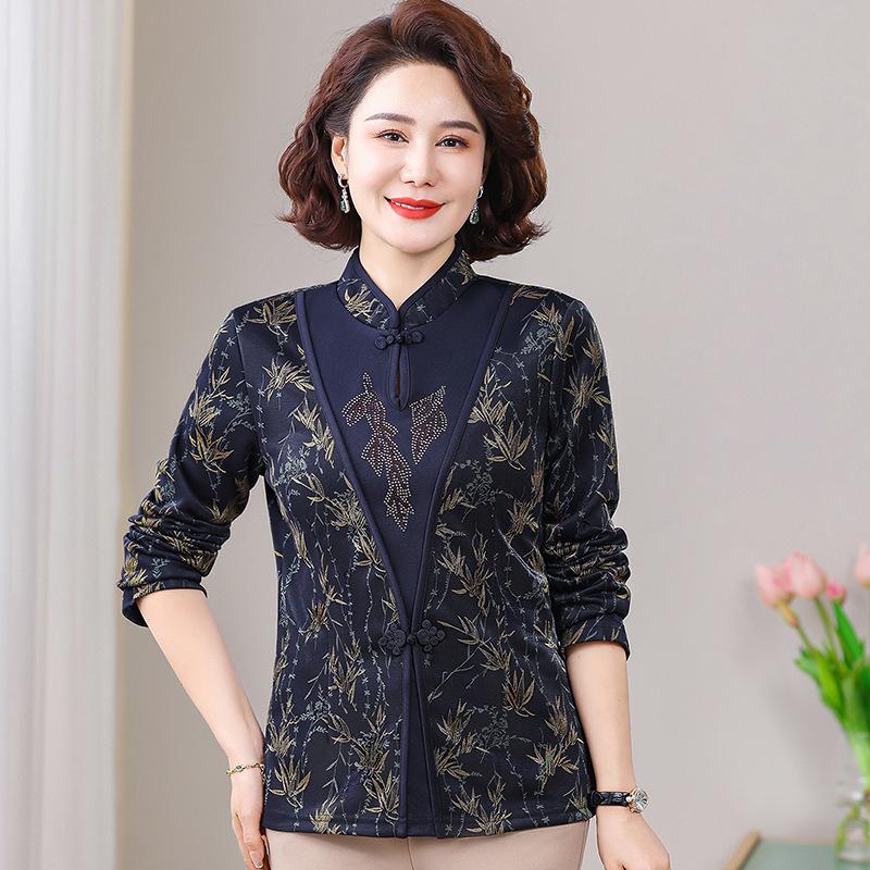 

Весенний наряд: Новая футболка с длинным рукавом в китайском стиле для женщин среднего и пожилого возраста, доступен большой размер 3XL (120-130 kg) темно-синий