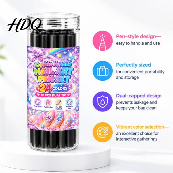 Nail Stippling Pens 12Pcs 24 Color Dual-Ended Art Set Dual Tip Waterproof Drawing Painting for Salon Markers Quick Dry Liner DIY Beginners