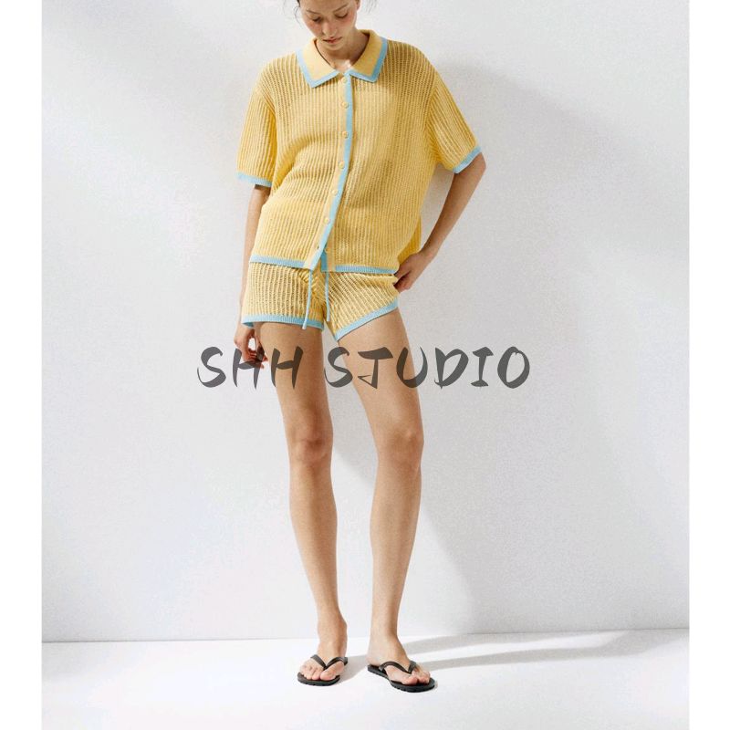 Simple Knitting Polo Collar Short Sleeve Jacket 3920260 Knitted High Waist Casual Shorts 3920261