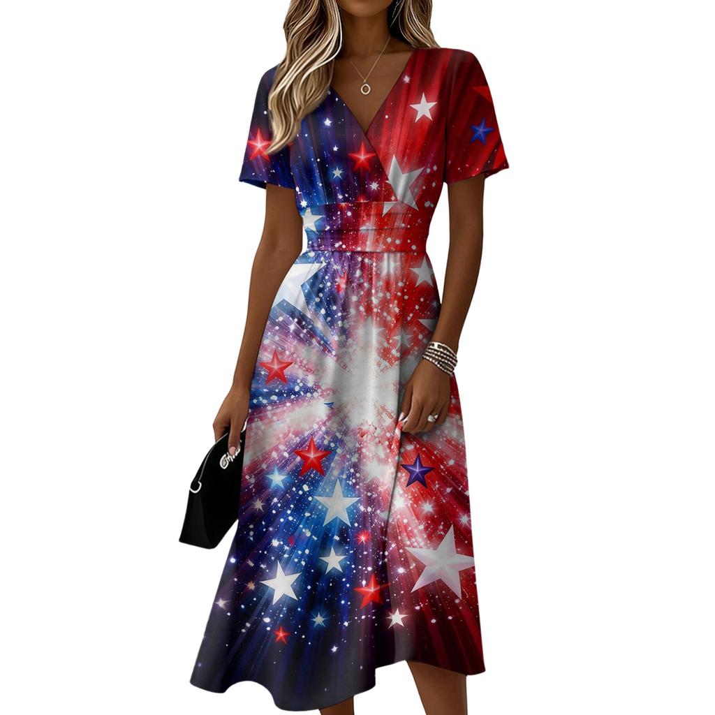 Damen Unabhängigkeitstag Print Lässiges Mode Kurzarm V-Ausschnitt Kleid