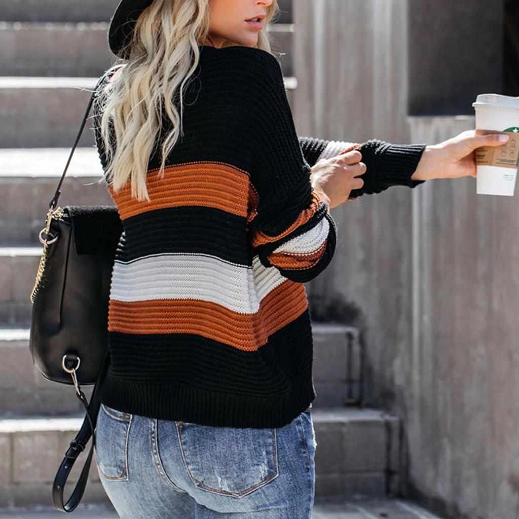 Women's Long Sleeve  Striped Color Block Casual Loose Knitted Pullover