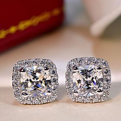 Fine Real 925 Silver Needle Earrings Natural Square Crystal Zircon Stud Earrings For Women Fashion Gift Jewelry