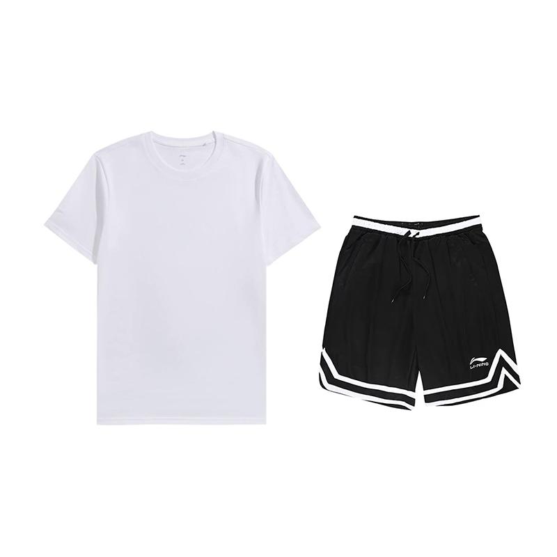Li-Ning Solid Color Round Neck Pullover Short Sleeve Casual Sports Suit Unisex Suit White Black AHSUA49-1+YAPV001-1